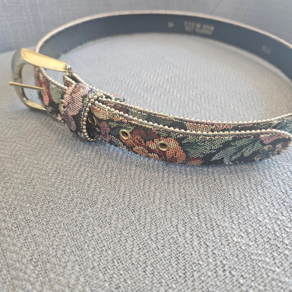 Dakota Ltd Floral Tapestry Belt Made in USA Ball Chain Trim Gold Buckle ML